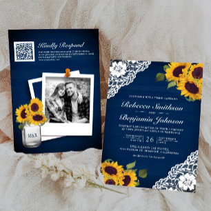 Navy Wood Lace Sunflower Photo QR Code Wedding Invitation