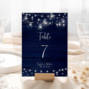 Navy Wood Mason Jars Lights Wedding Table Number
