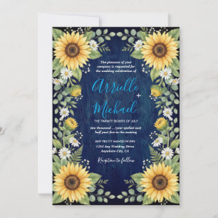 Navy Wood Sunflower Wedding Invitation Rustic