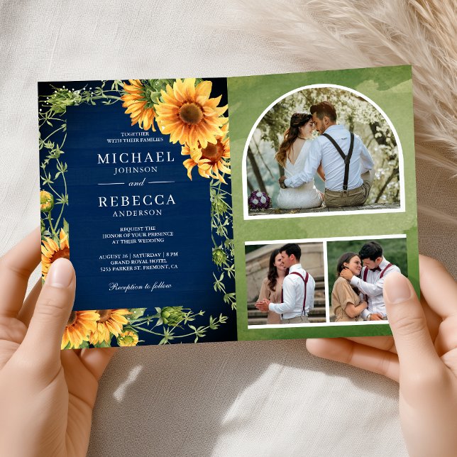 Navy Wood Sunflowers Photo Arch QR Code Wedding Invitation (Creator Uploaded)