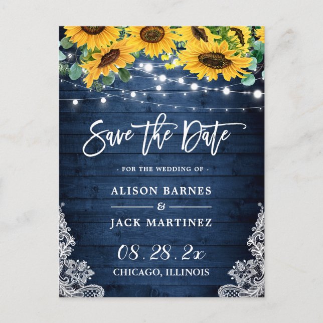 Navy Wood Sunflowers String Lights Save the Date Postcard (Front)