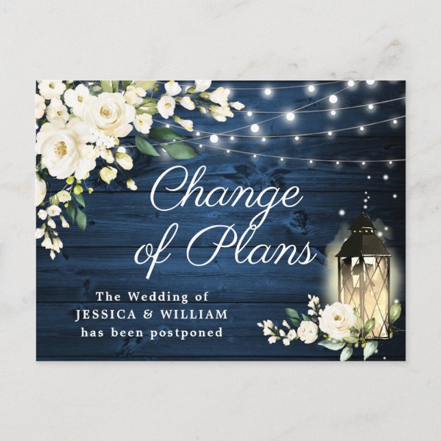 Navy Wood & White Roses Lantern  Change of Plans Postcard (Front)