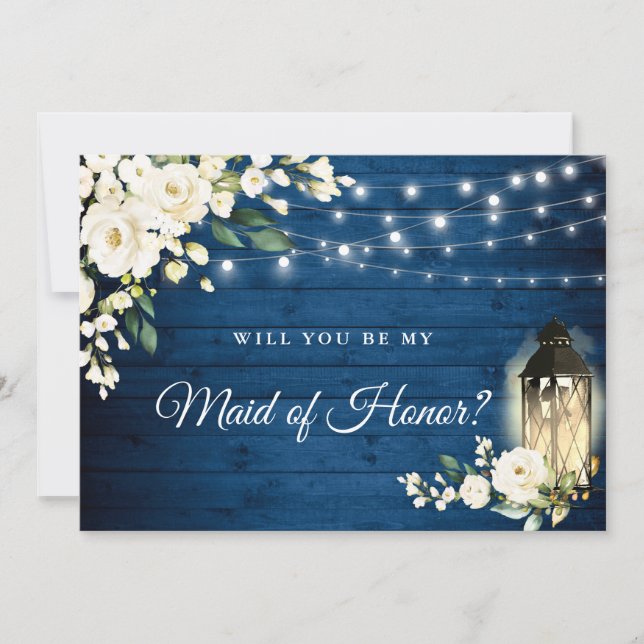 Navy Wood White Roses Will You Be My Maid of Honou Invitation (Front)