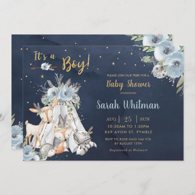 Navy Woodland Animals Tribal Boho Boy Baby Shower Invitation (Front/Back)