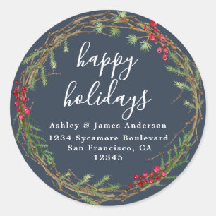 Navy Wreath Holiday Return Address Classic Round Sticker