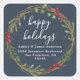 Navy Wreath Holiday Return Address Square Sticker