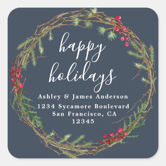 Navy Wreath Holiday Return Address Square Sticker (Front)