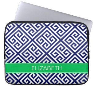 Navy Wt Med Greek Key Diag T Emerald Name Monogram Laptop Sleeve