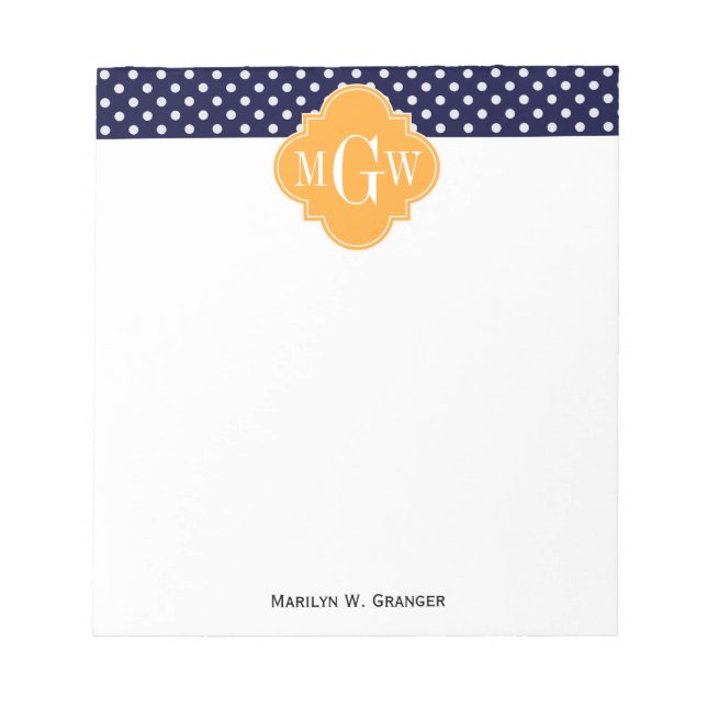 Navy Wt Polka Dot Cantaloupe Quatrefoil 3 Monogram Notepad (Front)