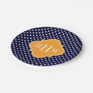 Navy Wt Polka Dot Cantaloupe Quatrefoil 3 Monogram Paper Plate
