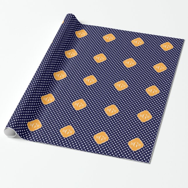 Navy Wt Polka Dot Cantaloupe Quatrefoil 3 Monogram Wrapping Paper (Unrolled)