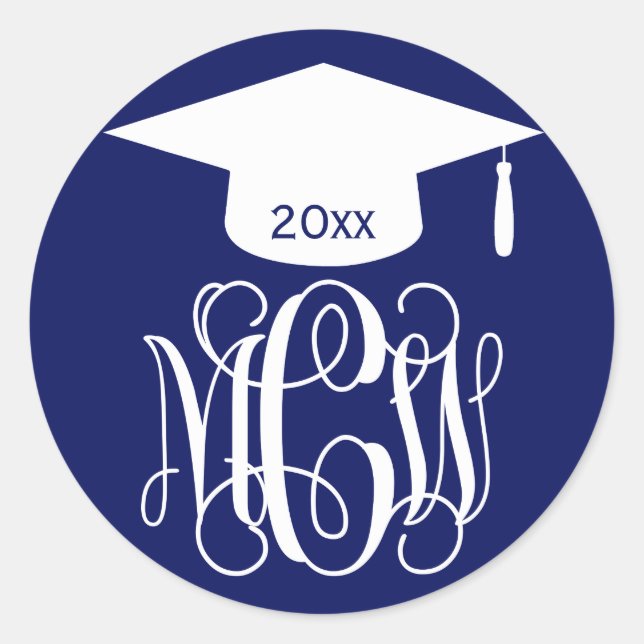 Navy Wt Vine Script Monogram Graduation DIY BG Classic Round Sticker (Front)
