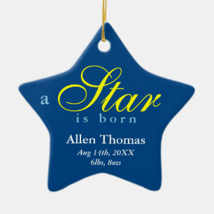 Navy yellow a star is born baby name announcement ceramic tree decoration