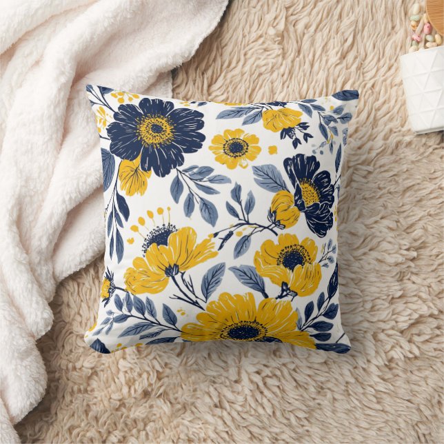 Navy, Yellow and Grey Floral  Cushion (Blanket)