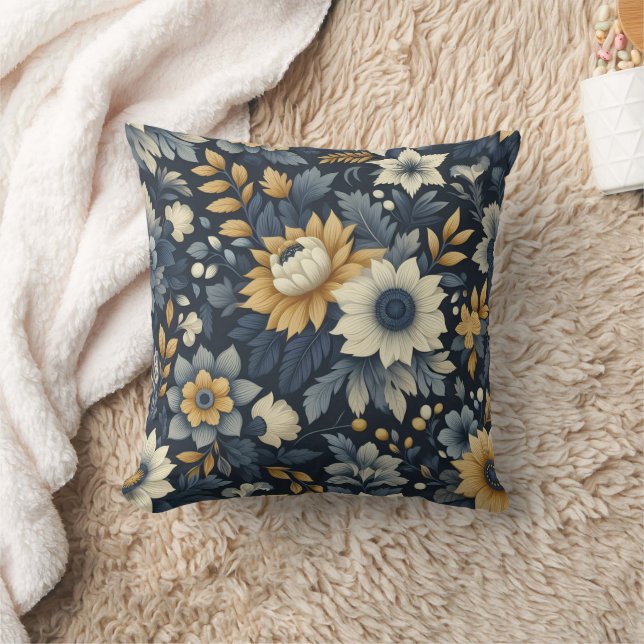 Navy, yellow and grey floral pattern  cushion (Blanket)