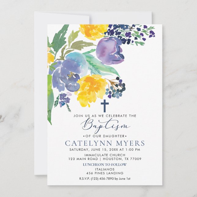 Navy Yellow and Purple Bright Floral Baptism Invitation (Front)