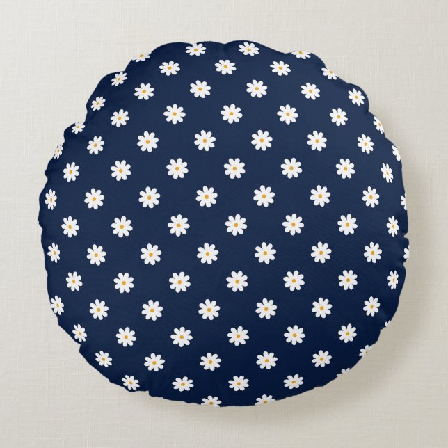 Navy, Yellow and White Daisies Pattern Round Cushion (Front)