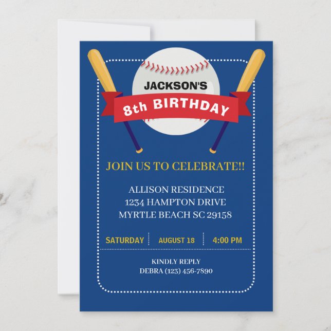  Navy Yellow Baseball Boys Birthday Party Invitation (Front)