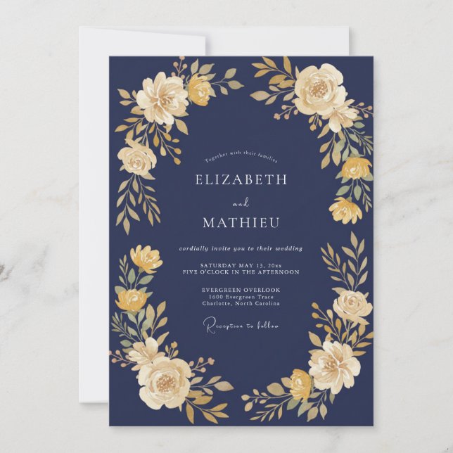 Navy Yellow Blossom Flourish Wedding Invitation (Front)