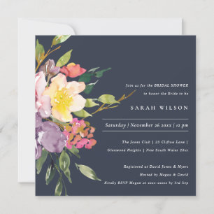 NAVY YELLOW BLUSH BURGUNDY FLORAL BRIDAL SHOWER INVITATION