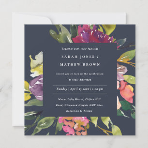 NAVY YELLOW BLUSH BURGUNDY FLORAL BUNCH WEDDING INVITATION