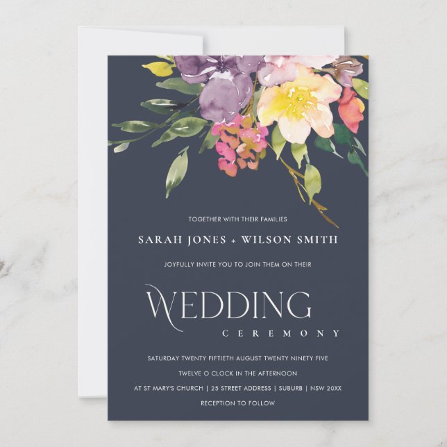 NAVY YELLOW BLUSH BURGUNDY FLORAL BUNCH WEDDING INVITATION (Front)