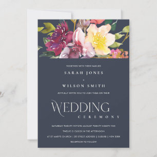 NAVY YELLOW BLUSH BURGUNDY FLORAL BUNCH WEDDING INVITATION