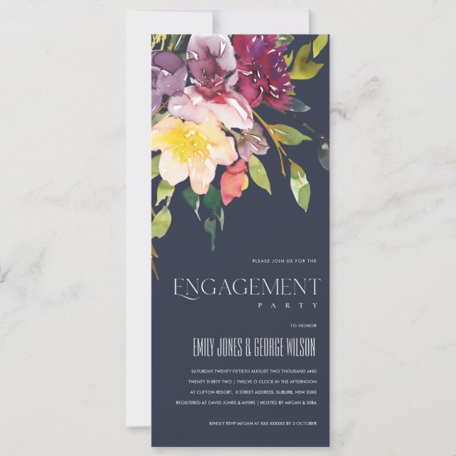 NAVY YELLOW BLUSH BURGUNDY FLORAL ENGAGEMENT INVITATION (Front)