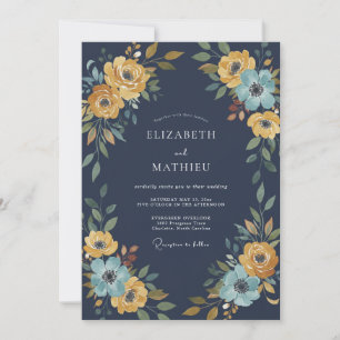 Navy Yellow Botanical Floral Wedding Invitation