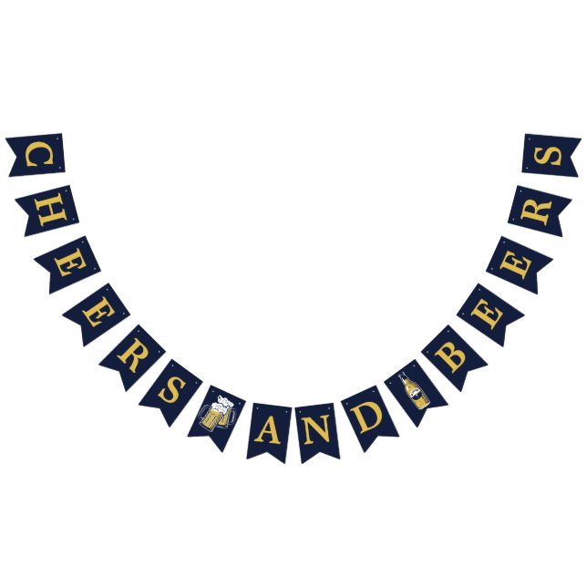 Navy Yellow Cheers And Beers Any Age Birthday Bunting (All)