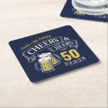 Navy Yellow Cheers And Beers Any Age Birthday Square Paper Coaster<br><div class="desc">Stylish cheers and beers to 50 years typography design in navy blue,  yellow and white,  custom it with your own text,  fun and unique,  great for any age adult birthday party for men,  or anniversary party for any occasion.</div>