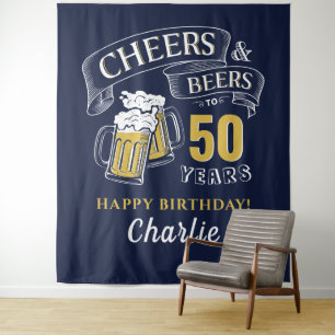 Navy Yellow Cheers And Beers Any Age Birthday Tapestry