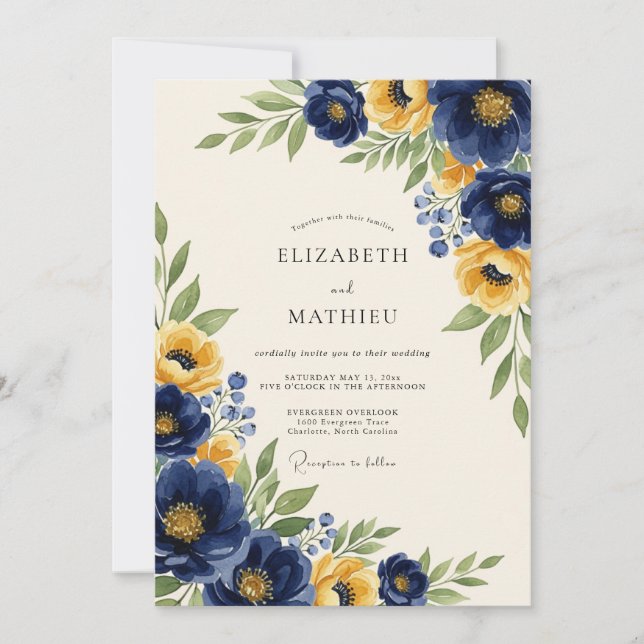 Navy Yellow Classic Botanical Wedding Invitation (Front)