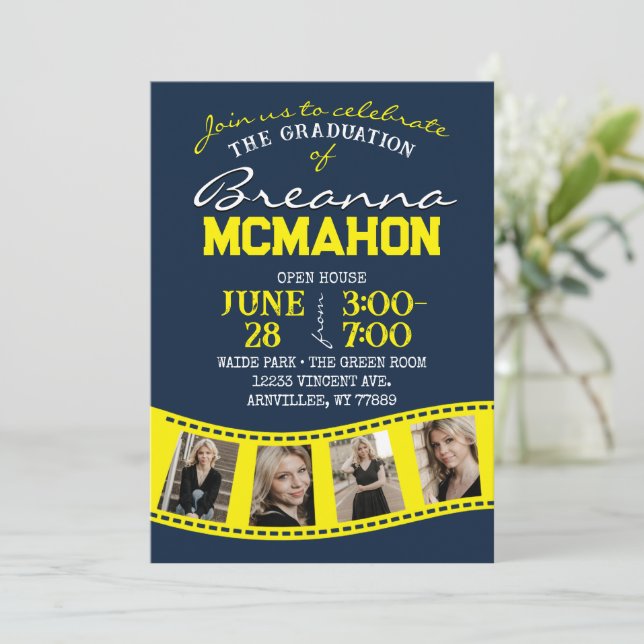 Navy & Yellow Filmstrip 5 Photo Graduation Invitation (Standing Front)
