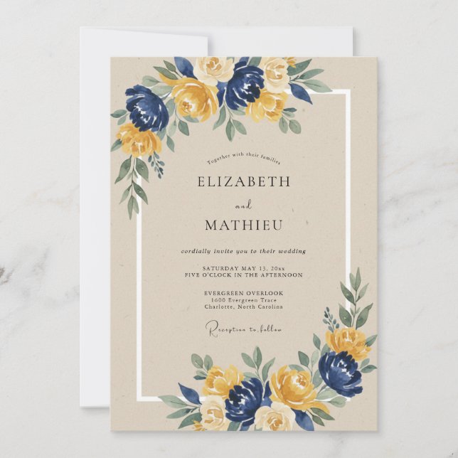 Navy Yellow Floral Arch Wedding Invitation (Front)
