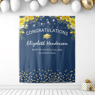 Navy & Yellow Floral Graduation Photo Backdrop Tapestry