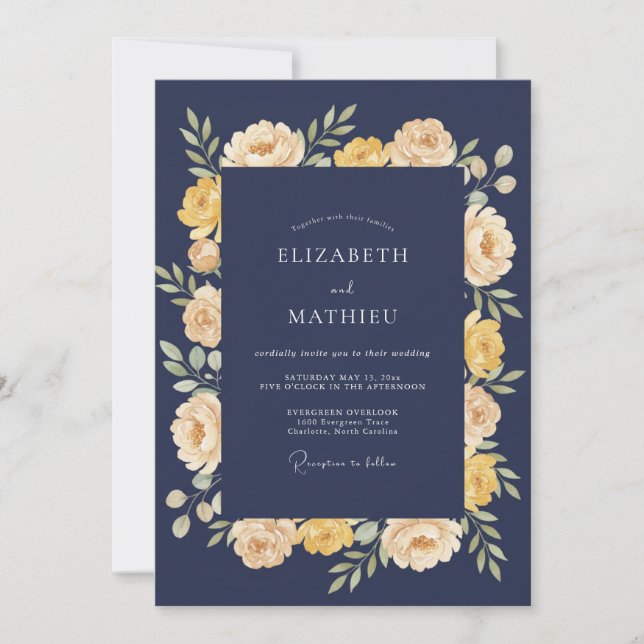 Navy Yellow Floral Romance Wedding Invitation (Front)