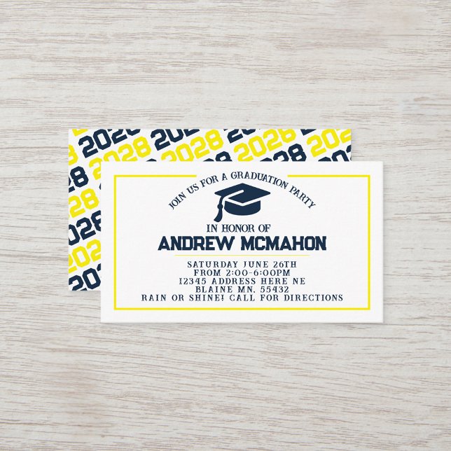 Navy Yellow Graduation Invite Announcement Insert (Navy Blue, White & Yellow Mini Graduation Invites for Friends, Team Mates or as Inserts!)