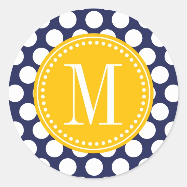 Navy & Yellow Green Big Polka Dots Monogrammed Classic Round Sticker (Front)