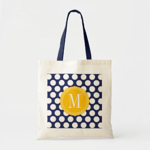 Navy & Yellow Green Big Polka Dots Monogrammed Tote Bag