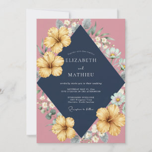 Navy Yellow Hibiscus Eucalyptus Wedding Invitation