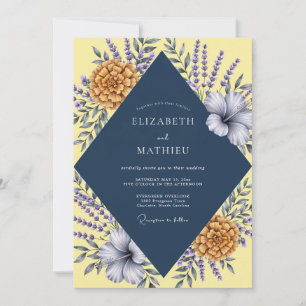 Navy Yellow Lavender Eucalyptus Wedding Invitation