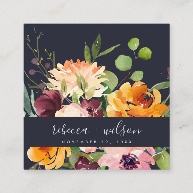 NAVY YELLOW ORANGE FLORA BUNCH WEDDING THANK YOU SQUARE BUSINESS CARD (Front)