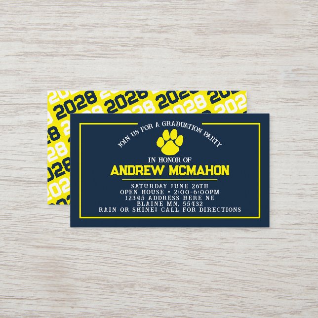 Navy & Yellow Pawprint Mini Graduation Invites (Navy Blue & Yellow Pawprint Mini Graduation Invites for Friends, Team Mates or as Inserts!)