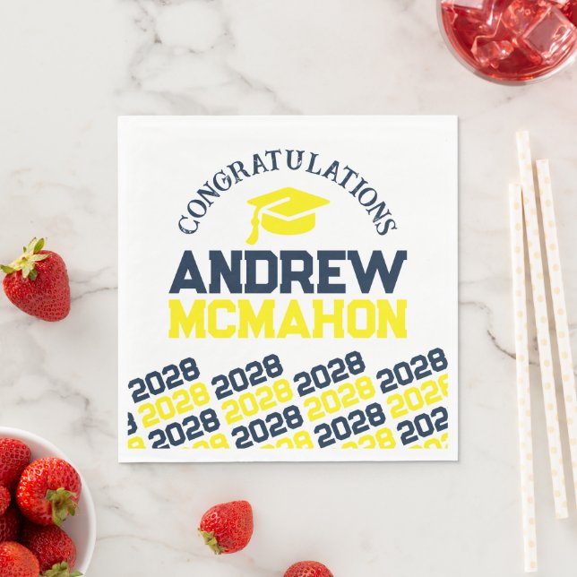 Navy & Yellow Personalised Graduation Party Paper Napkin (Insitu)