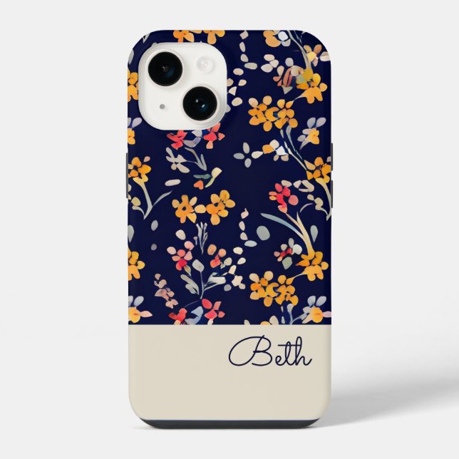 Navy Yellow Personalised Wildflower iPhone Case (Back)