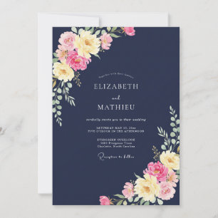 Navy Yellow Pink Floral Watercolor Wedding Invitation