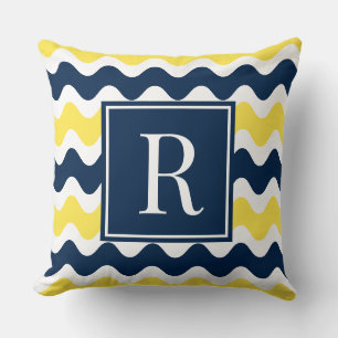 Navy & Yellow Preppy Ric Rac Stripe Monogram  Cushion