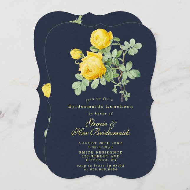 Navy Yellow Rose Bridesmaids Luncheon Invite (Front/Back)