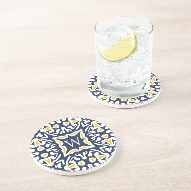 Navy & Yellow Spanish Tile Monogram Coaster (Side)